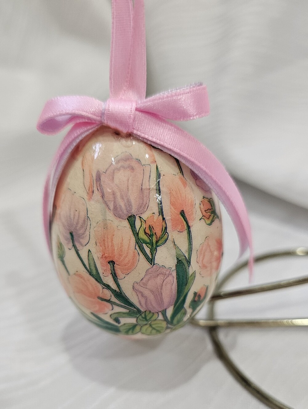 Vintage Paper Mache Floral Hanging Egg Ornament - Pinks
